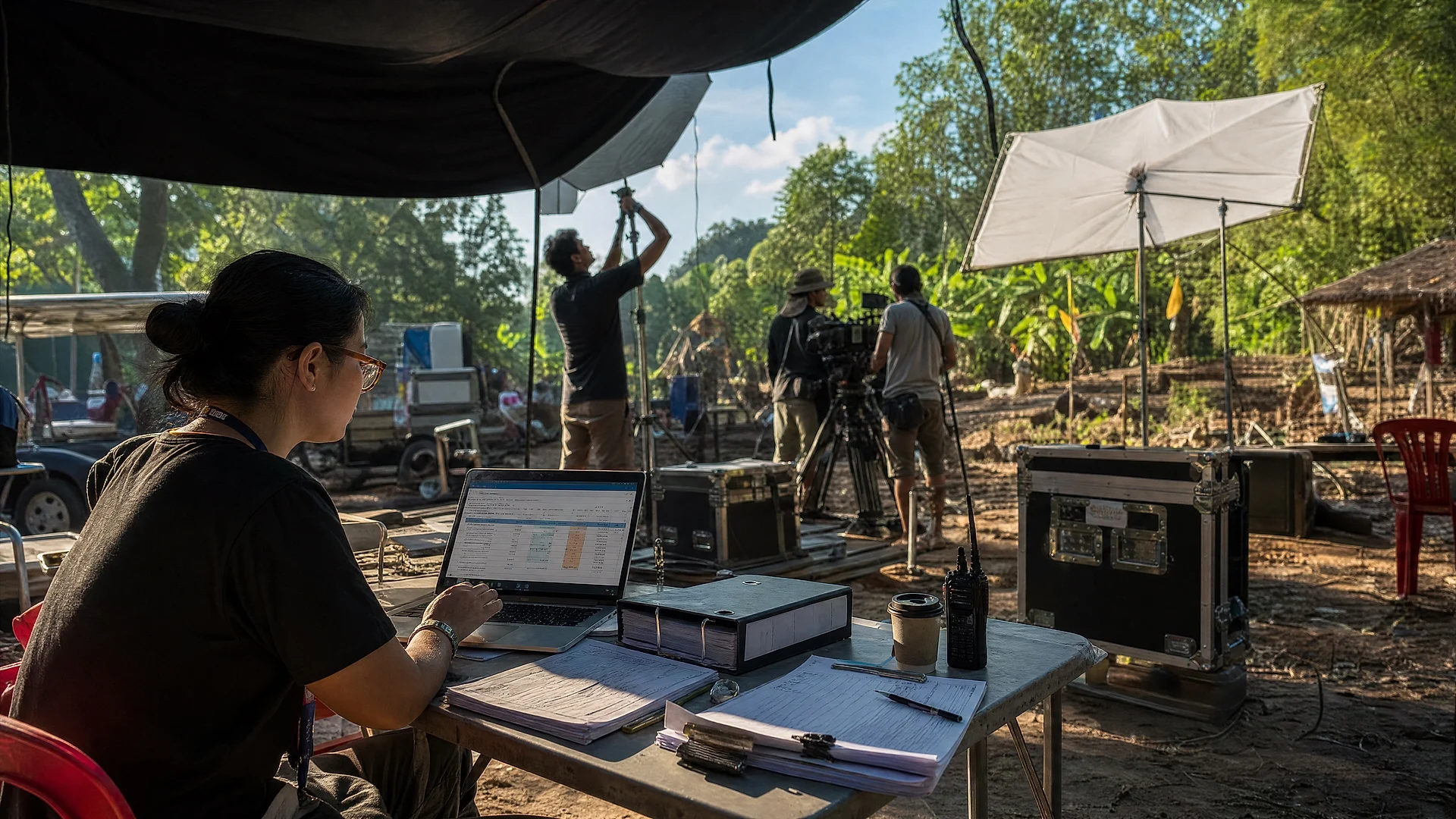 A production accountant working at a folding table beside a live film set, budget open on a laptop, crew rigging a light behind her