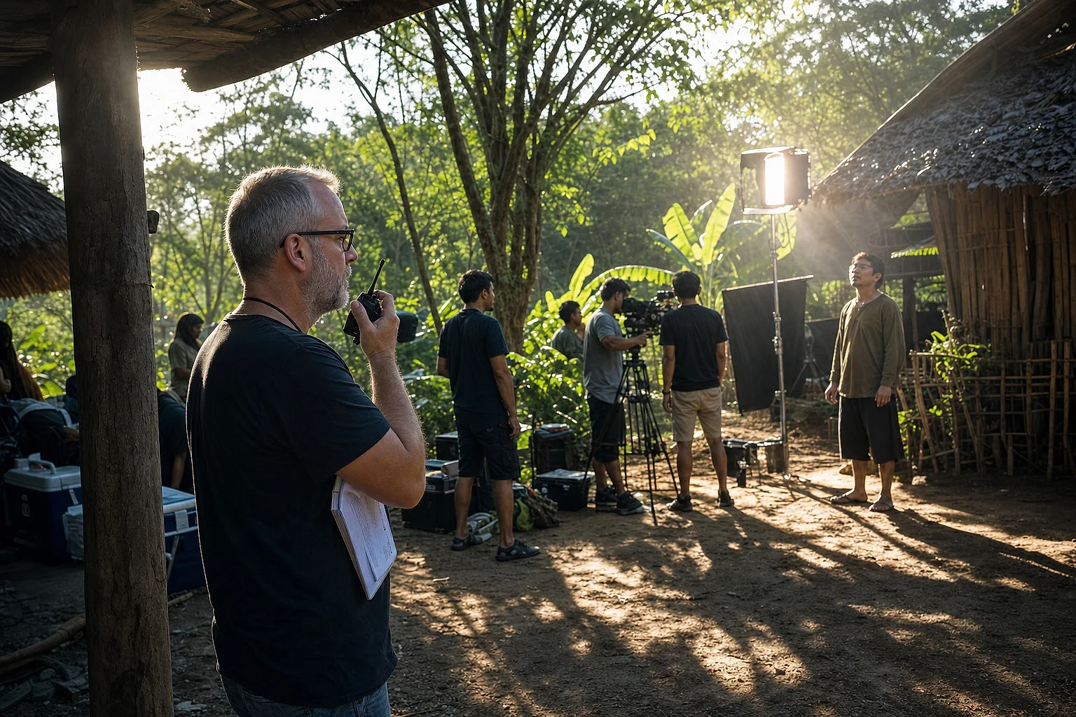 Gregory Segal in profile on a two-way radio at the edge of a jungle location, camera crew and a lit set behind him