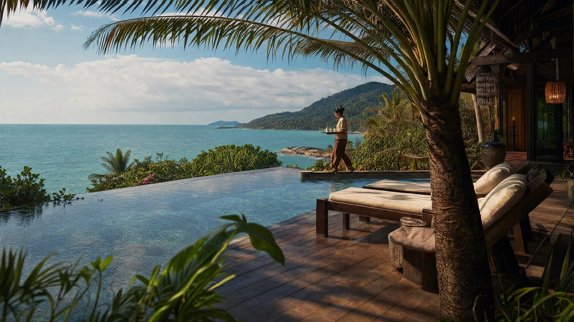 Infinity pool terrace overlooking the sea at an island resort