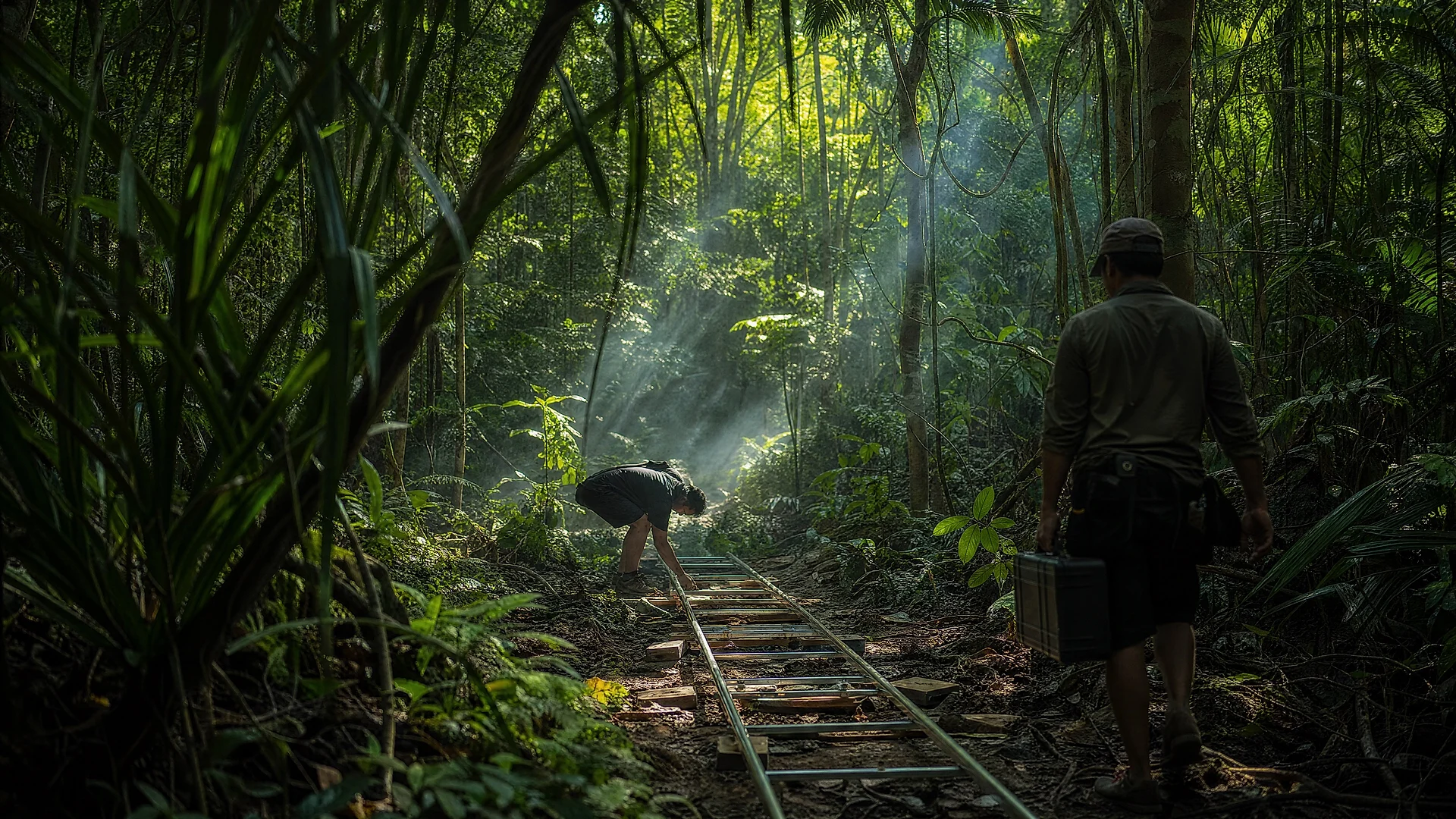 Crew laying dolly track through jungle for a camera move