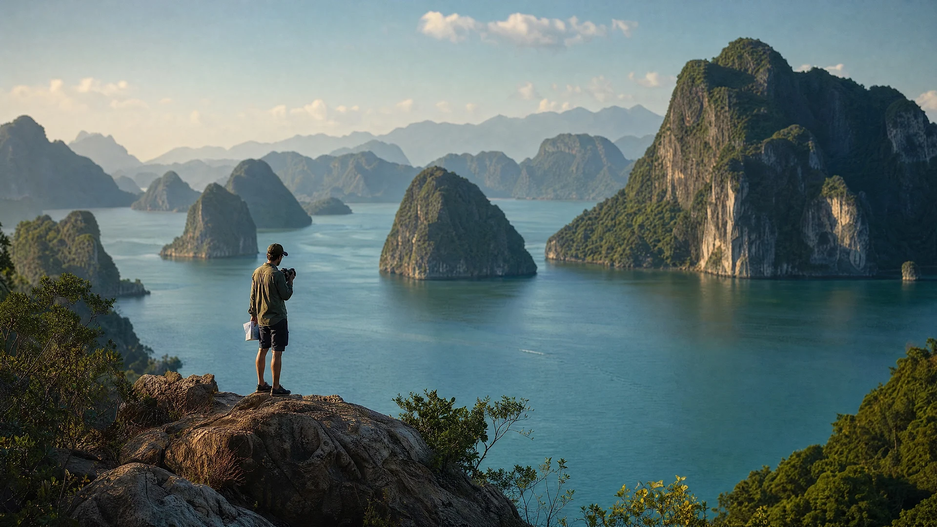 A scout photographing a limestone bay at first light