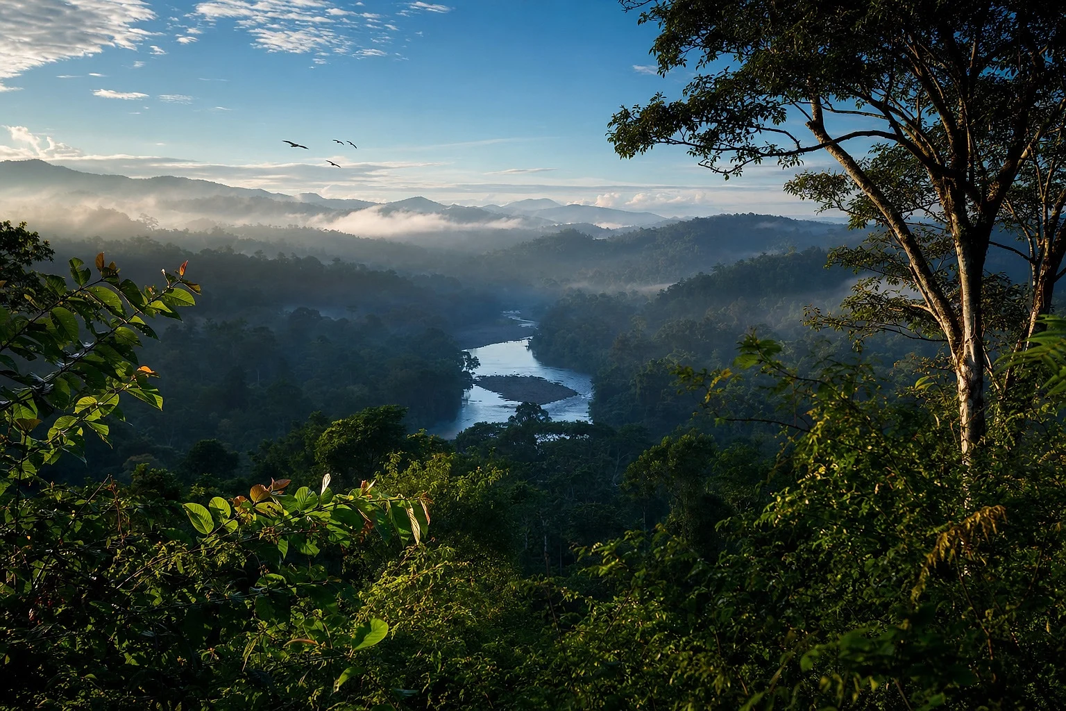 Rainforest river valley under morning mist in the Malaysian highlands