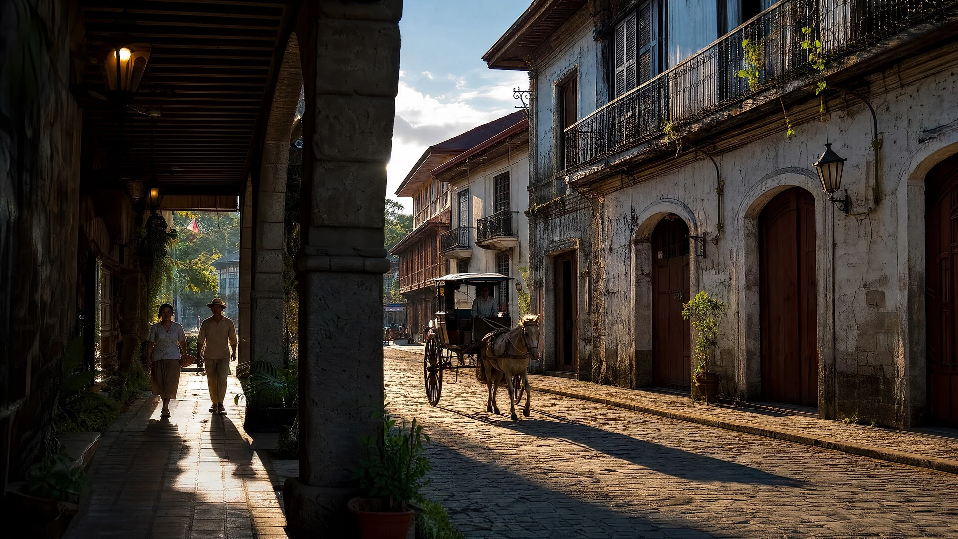 Spanish colonial street with arcades and a horse-drawn kalesa in raking afternoon light