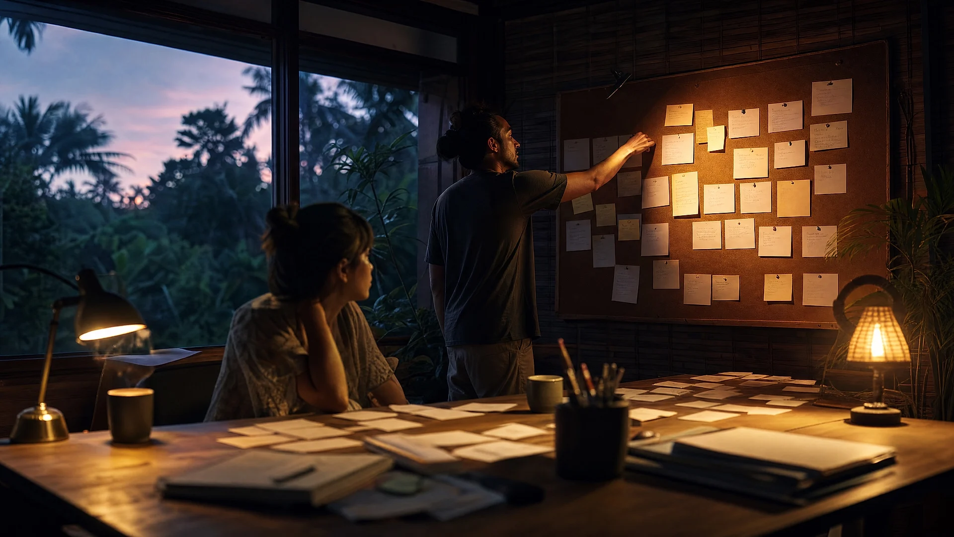 Writers room mid-session, pages spread across the table