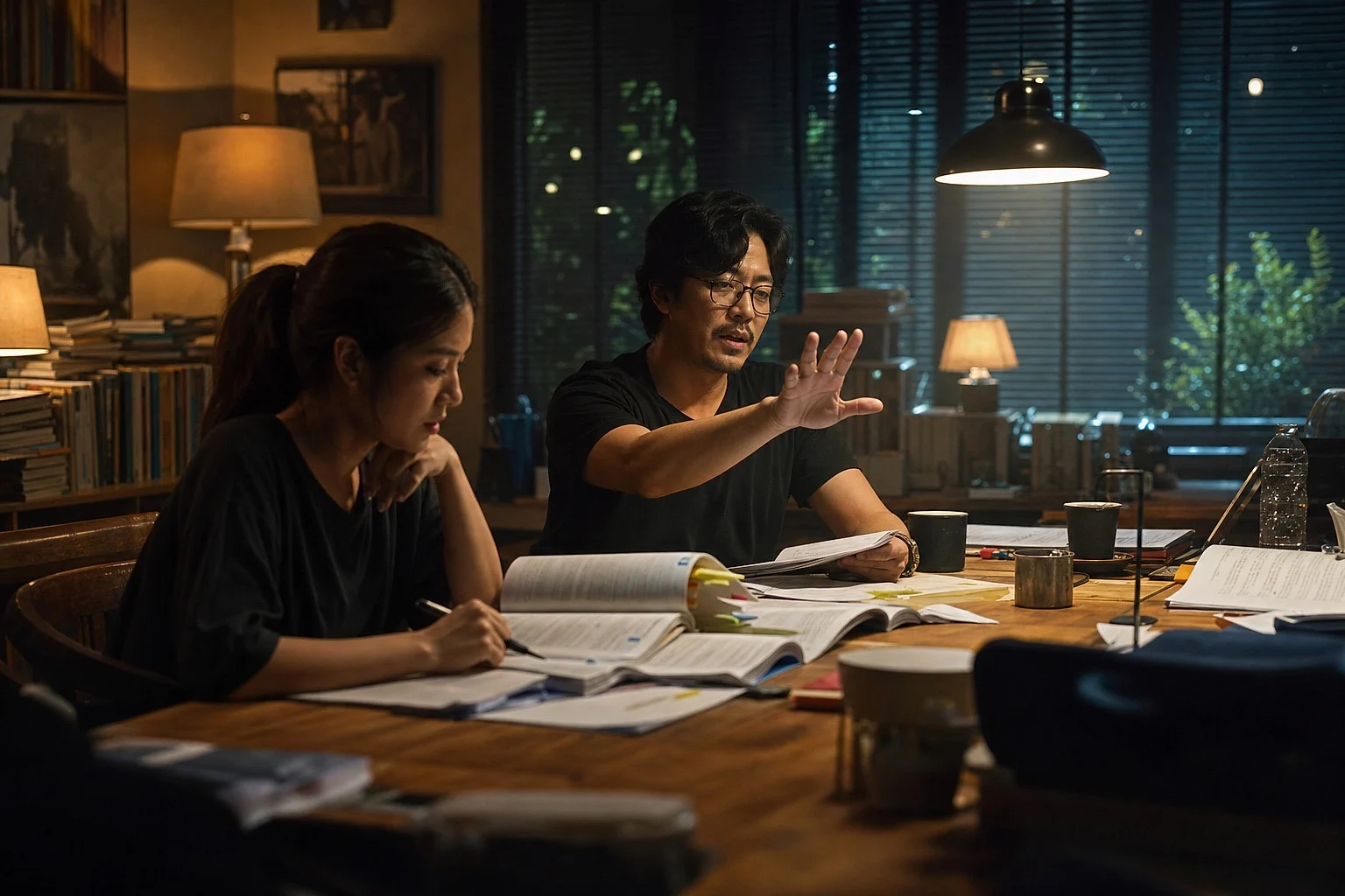 Cast and director around a warm-lit table read