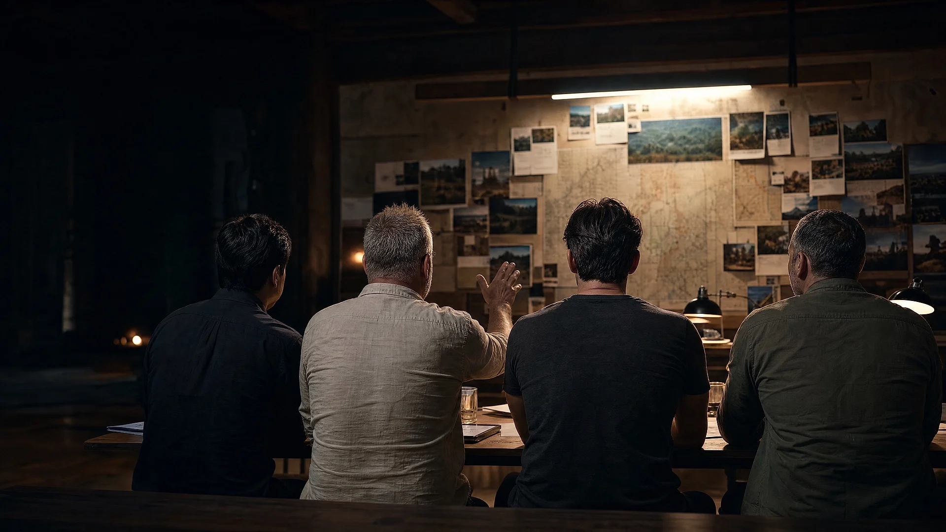 Four producers seen from behind at a table, facing a wall of location photographs and a marked-up map