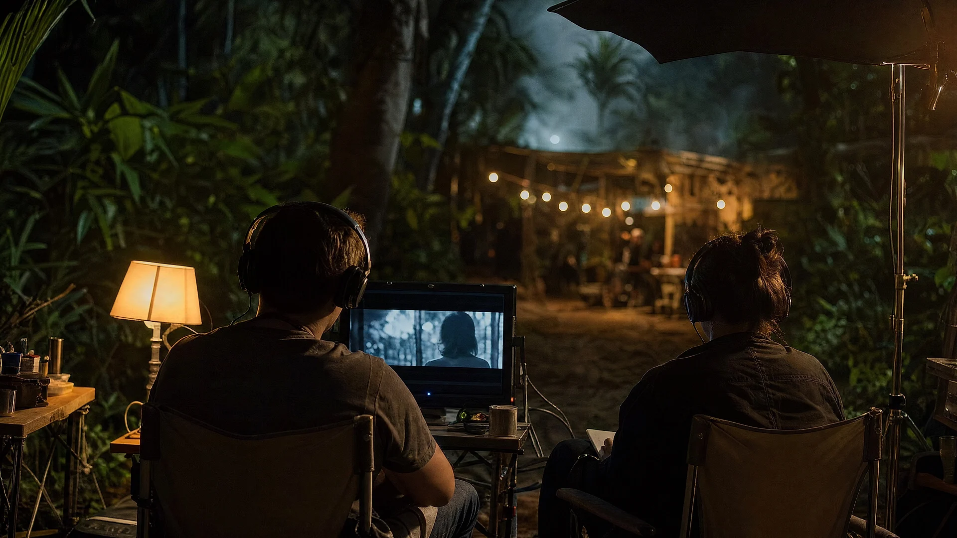 Video village, monitors lit against the set